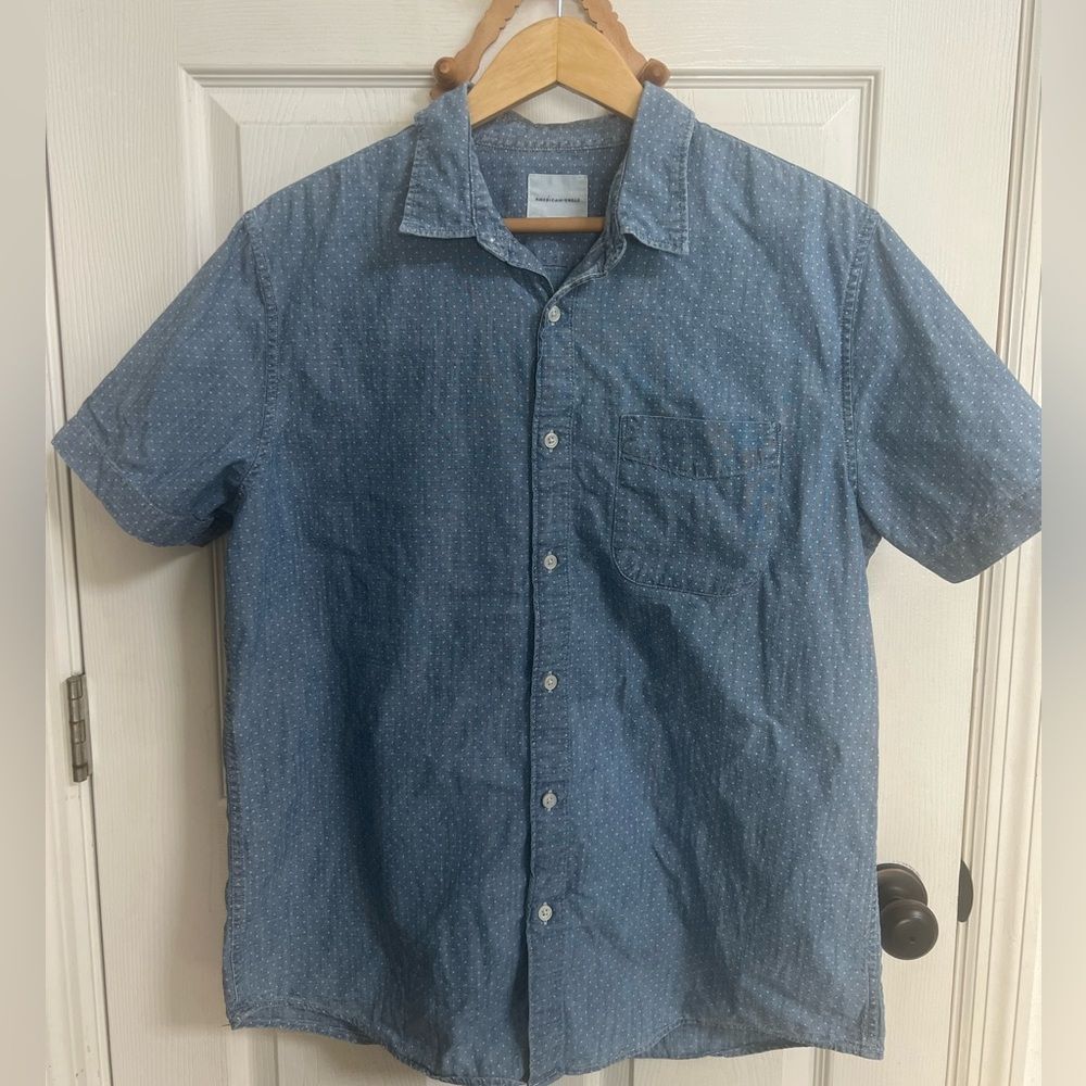 American Eagle Outfitters Polka Dot Blue Casual Button Down Shirt, Pre Loved